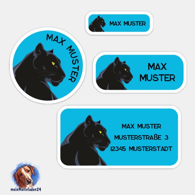 Adesivo Set - 24 Namensaufkleber Schwarzer Panther blau |  (Namensaufkleber Set für Kinder - Schwarzer Panther blau - 24 teilig, personalisierbar )