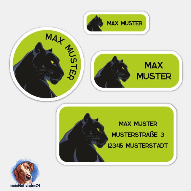 Adesivo Set - 24 Namensaufkleber Schwarzer Panther grün |  (Namensaufkleber Set für Kinder - Schwarzer Panther grün - 24 teilig, personalisierbar )
