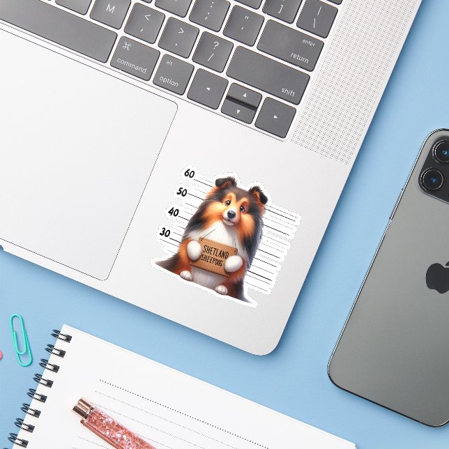 Adesivo Shetland Sheepdog Travesso (Notebook com iPhone)