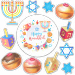 Adesivo Símbolos de Férias do Festival Feliz Hanukkah<br><div class="desc">Etiquetas de Chanukkah estão prontas. Feliz Feriado Judeu Menorah, Rosquinhas, Dreidel. Decoração de Chanukkah, Feriado Judeu, com o símbolo decorativo tradicional de Chanuka - Cartoon Colorido Hanukkiah menorah, candelabro com velas, Rosquinhas, estrela Wooden Dreidel (brinquedo giratório) de David e ilustração brilhante das luzes. Festa de Chanucá das Luzes Decoração do...</div>