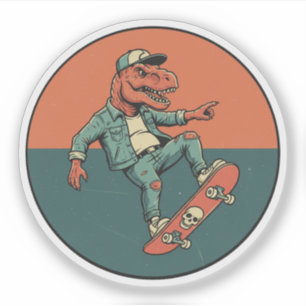 Adesivo Skater T-Rex em Denim - Legal Dinossauro Retro