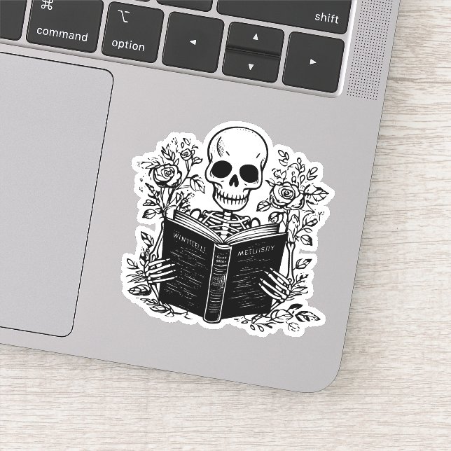 Adesivo Skeleton lendo livro de romance escuro (Detalhe)