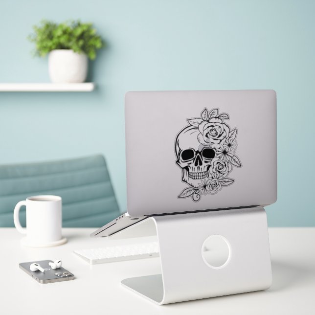 Adesivo Skull Floral Art (Laptop na mesa)