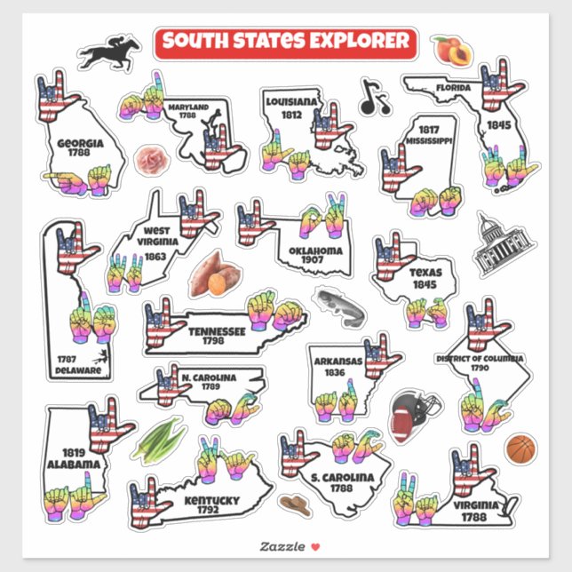Adesivo Southern U.S. Region – Educational Sticker Map (Folha)