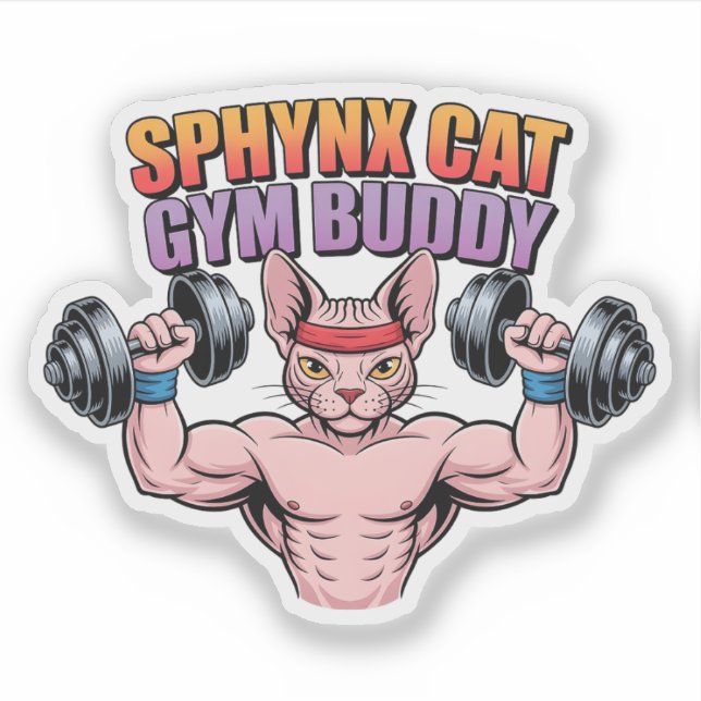 Adesivo Sphynx Cat Gym Buddy Muscular Cartoon (Frente)