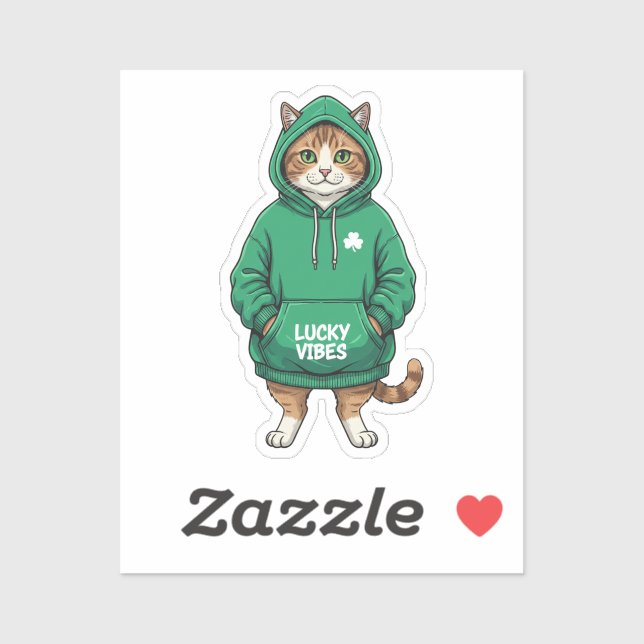 Adesivo Streetwear Cat In Green Hoodie Lucky Vibes Sticker (Folha)