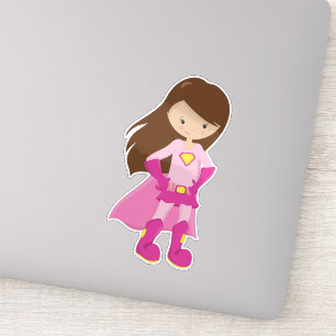 Adesivo Super-Herói Rapariga, Cabelo Marrom, Garota Bonita