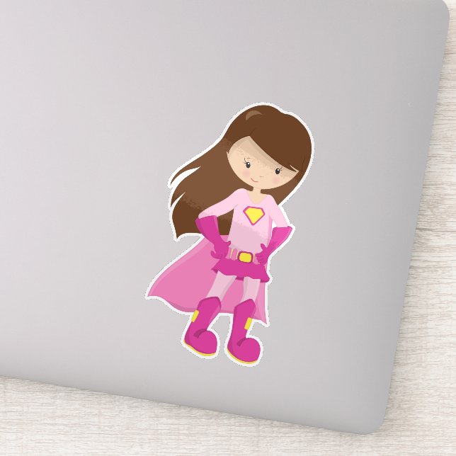 Adesivo Super-Herói Rapariga, Cabelo Marrom, Garota Bonita (Detalhe)