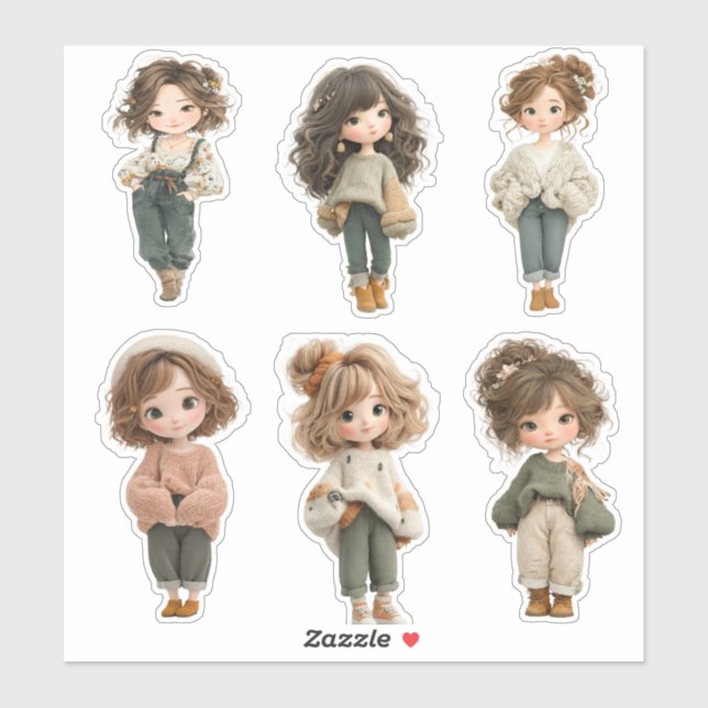 Adesivo Sweet Chibi Girl Sticker Sheet 6 Cute Character  (Folha)
