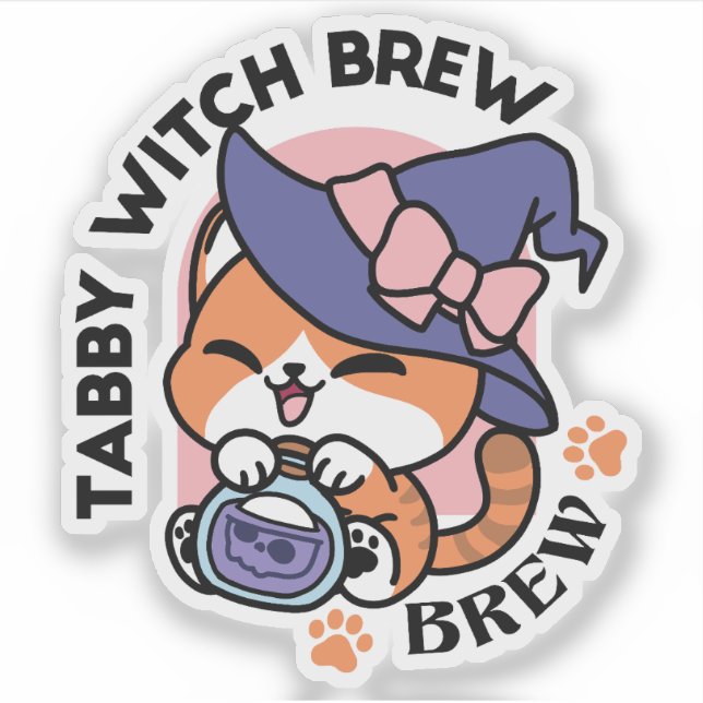 Adesivo Tabby Witch Brew – Design de Gato Fofo de Hallowee (Frente)