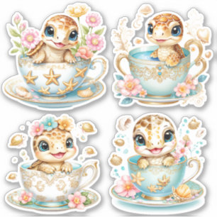 Adesivo Tartaruga Bebê Elegante em Teacup - Design Floral