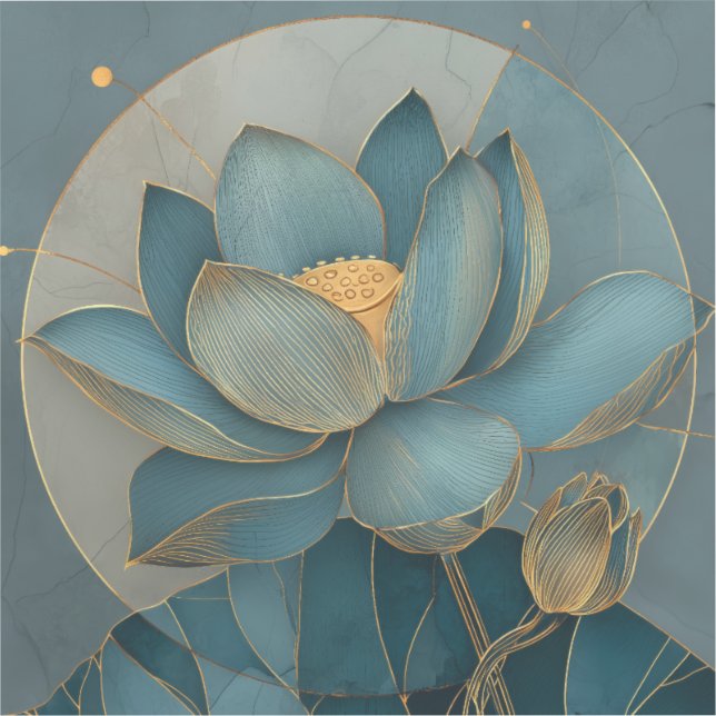 Adesivo Teal and Gold Lotus Flower Geometric Line Art Zen (Frente)