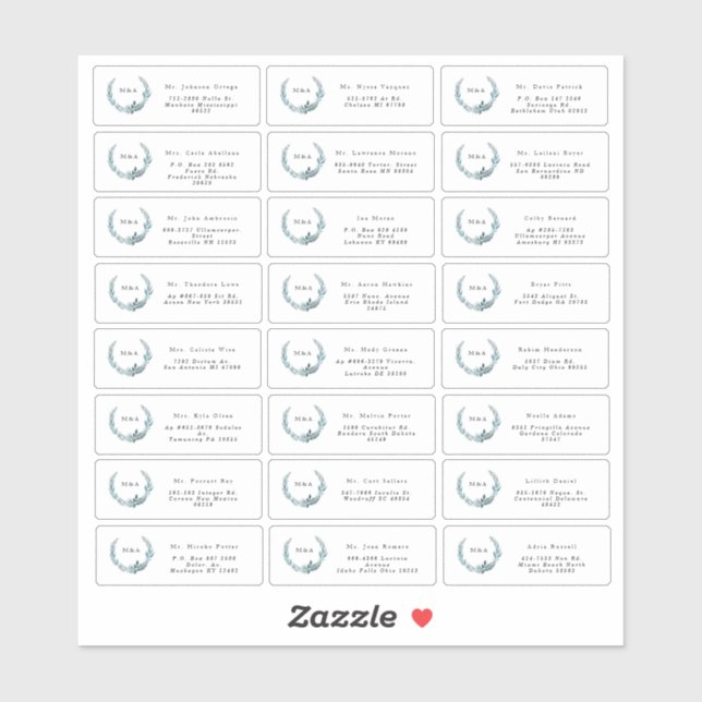 Adesivo Teal Blue Botanical Wreath Monogramas Convidados (Folha)