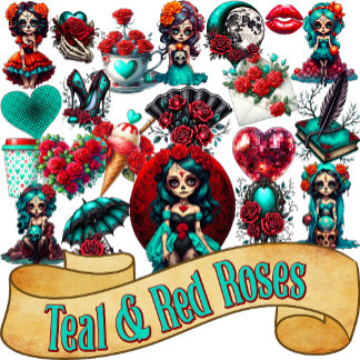 Adesivo Teal Red Roses Sugar Skull 