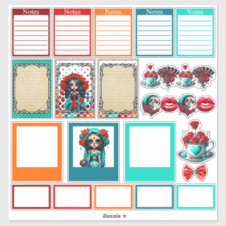 Adesivo Teal Red Roses Sugar Skulls Set 2 Planner Stickers