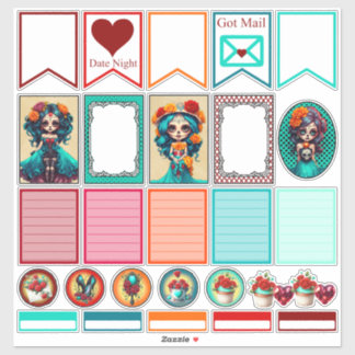 Adesivo Teal Red Roses Sugar Skulls Set 3 Planner Stickers
