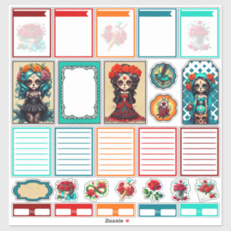 Adesivo Teal Red Roses Sugar Skulls Set 4 Planner Sticker