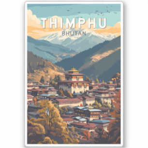 Adesivo Thimphu Bhutan Illustration Viagem Art Vintage