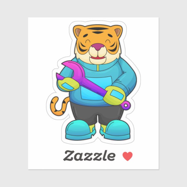 Adesivo Tigre como mecânico com chave inglesa (Folha)