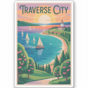 Adesivo Traverse City Lake Michigan Illustration Viagem