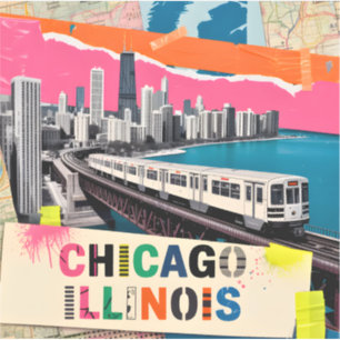 Adesivo Trem da Silhueta de Chicago Colagem Pop Art Viagem