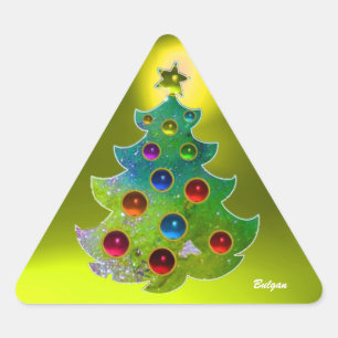 ADESIVO TRIANGULAR ÁRVORE DE NATAL COLORIDO EM ESPALHOS VERDES DOURA