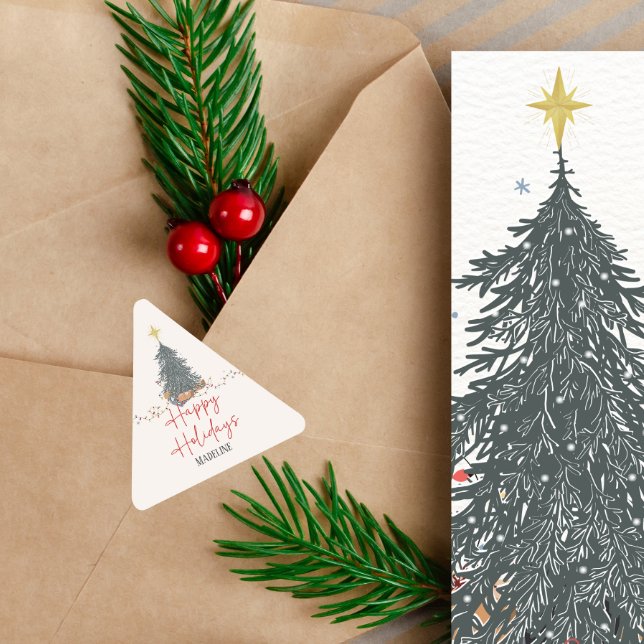 Adesivo Triangular Convite para festa da árvore de pinheiro da aquare (Criador carregado)