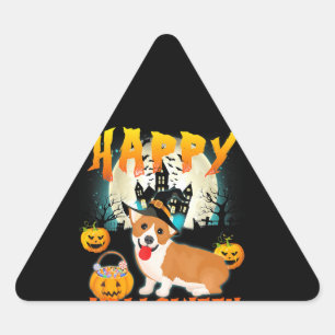Adesivo Triangular Feliz Halloween Cute Corgi Witch Pumpkin Ghost