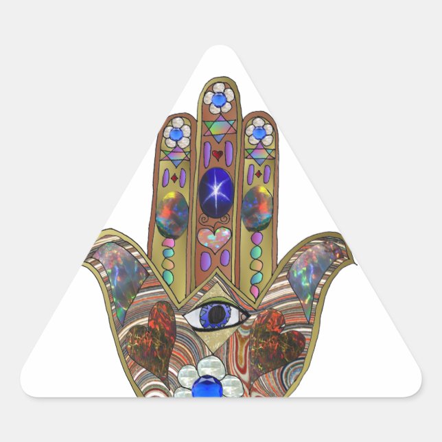 Adesivo Triangular Judaica Hamsa Hearts Flowers Opal Art Impressão (Frente)