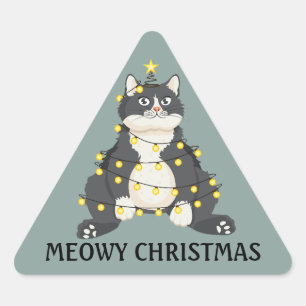 Adesivo Triangular Natal Divertido de Gato Meow Pun Festivo Humor de
