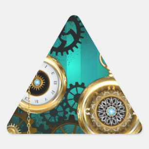 Adesivo Triangular Relógio de Joia Steampunk em um Fundo Verde