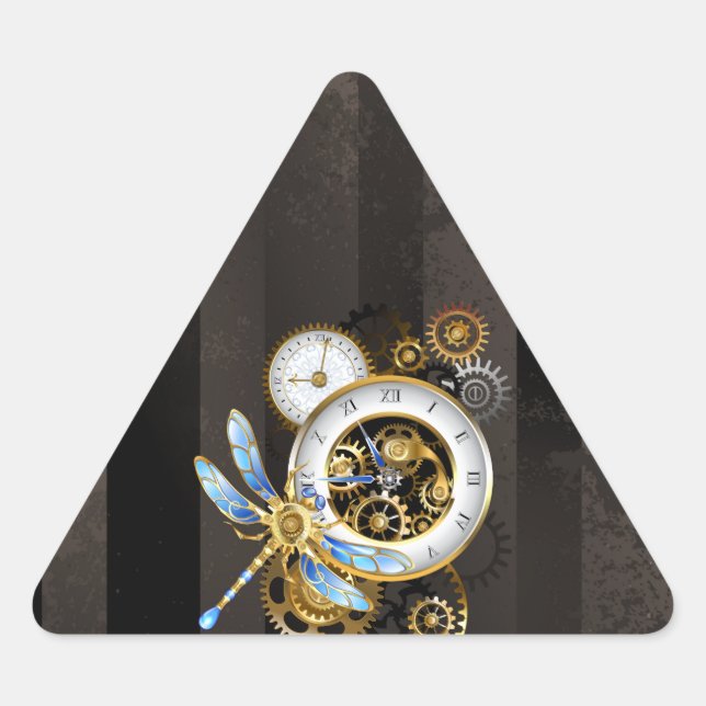 Adesivo Triangular Relógio Steampunk com Dragonfly Mecânica (Frente)