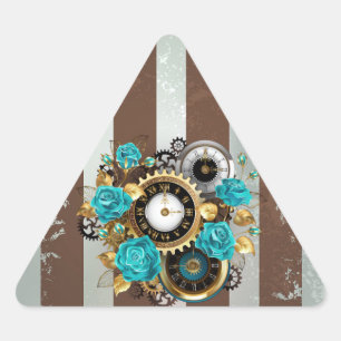 Adesivo Triangular Relógio Steampunk e Rosas Turquesa em Listras