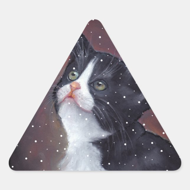 Adesivo Triangular Tuxedo Cat Olhando Para Blocos De Neve, Pintura (Frente)