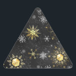 Adesivo Triangular Xmas Golden Snowflakes on Black Background<br><div class="desc">Black Christmas background with gold and black jewelry snowflakes. Golden snowflakes. Xmas.</div>