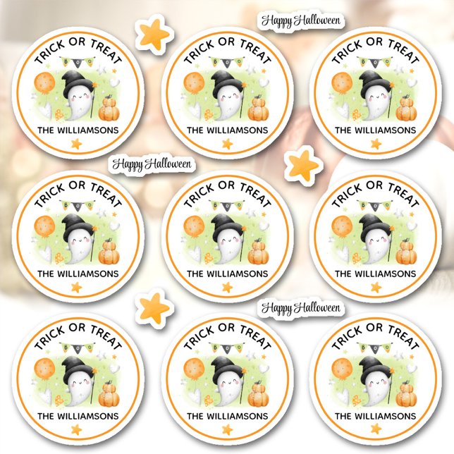 Adesivo Truque De Halloween Ou Nome De Tratamento (Halloween Trick Or Treat Name Ghost Kiss Cut Sticker)