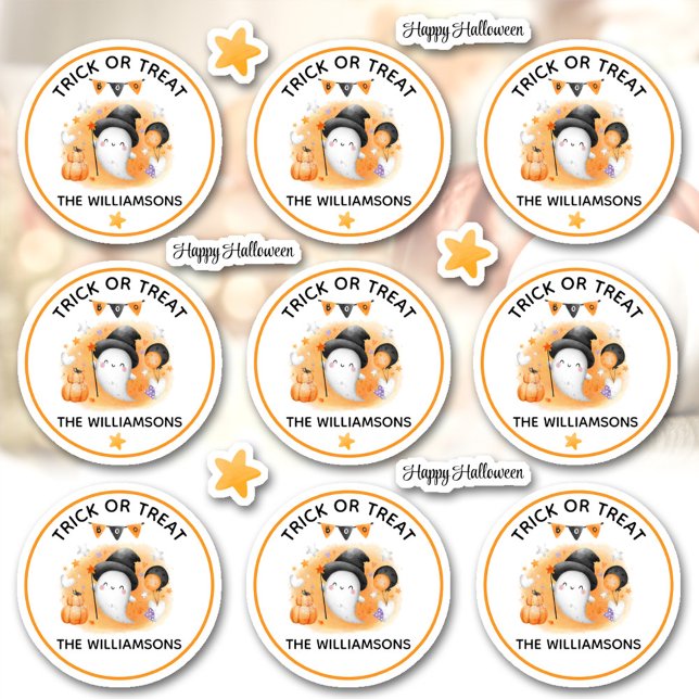 Adesivo Truque De Halloween Ou Nome De Tratamento Boo Ghos (Halloween Trick Or Treat Name Boo Ghost Kiss Cut Sticker)