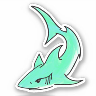 Adesivo tubarão cartoon azul verde oceano animal simples o