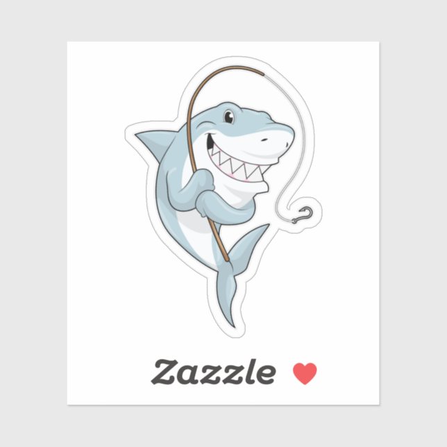 Adesivo Tubarão como pescador com barra de pesca (Folha)