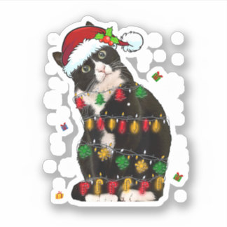 Adesivo Tuxedo Cat Com Noel Hat Luzes De Natal Engraçadas