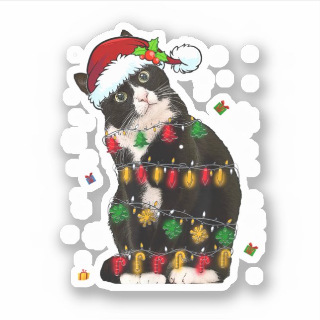 Adesivo Tuxedo Cat Com Noel Hat Luzes De Natal Engraçadas (Frente)