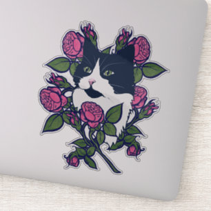 Adesivo Tuxedo Cat Peony Floral Art Tuxie Cats