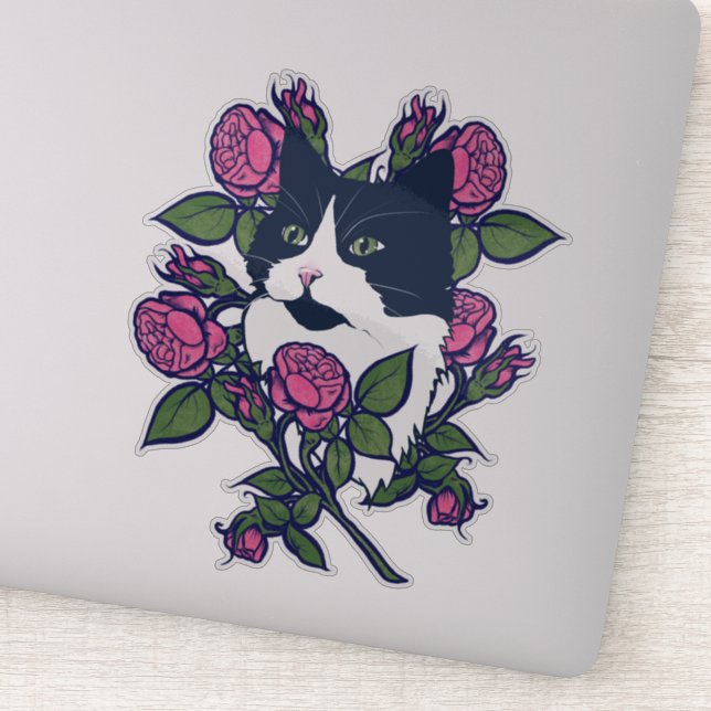 Adesivo Tuxedo Cat Peony Floral Art Tuxie Cats (Detalhe)