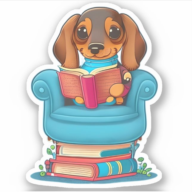 Adesivo Um cachorrinho Dachsund lendo um livro (Frente)
