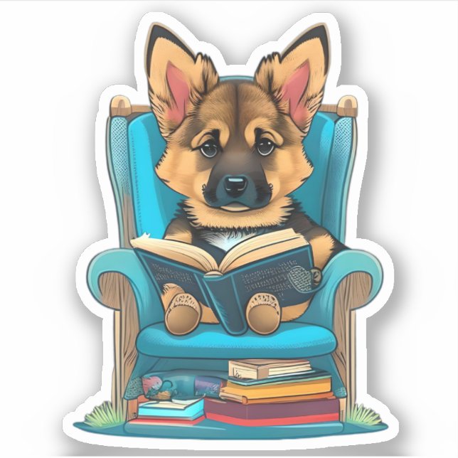 Adesivo Um filhote de German shepherd lendo um livro (Frente)