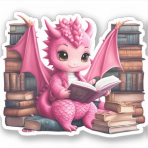 Adesivo Um Sticker de Leitura de um Dragão Rosa