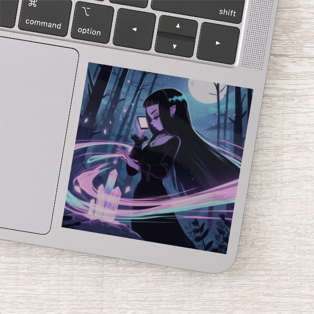 Adesivo Uma bruxa bonita carregando cristais em bosques (Detalhe)