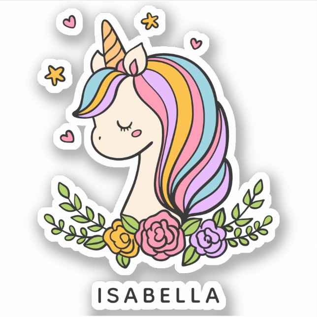 Adesivo Unicorn Cute Whimsical Girly Personalised Name (Frente)