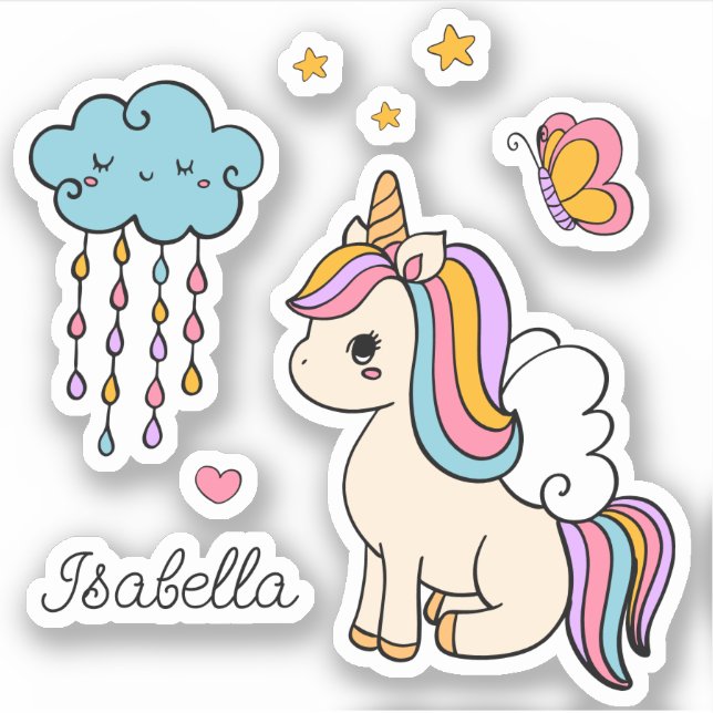 Adesivo Unicorn Cute Whimsical Girly Personalised Name (Frente)