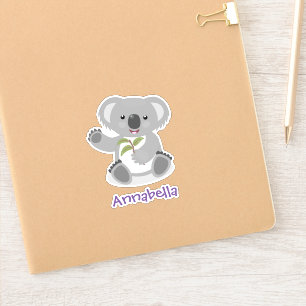 Adesivo Urso coala bonito com ilustração cartoon de folh